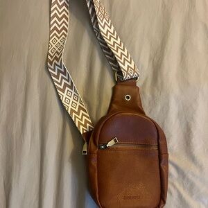 Brown Crossbody Bag with Patterned Strap